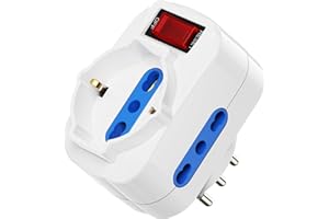 Ewent Adattatore Multipresa Tripla, con protezione sovraccarico ed interruttore ON/OFF, Adattatore da Schuko a Spina 10A, Spina Rotante 90 gradi, Ciabatta Multipresa 1500W, Bianco