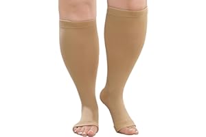 PUTUO Bas de Contention Grande Taille: Bout Ouvert Chaussettes de Contention Femme Hommes Grande Taille Gros Mollet pour Sportive Voyage en Avion Grossesse 1 paires Beige 6XL