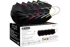 MEDI SANTÉ Lot de 50 Pièces de Masques CHIRURGICAUX Noirs Masque de Protection avec ÉLASTIQUES de Couleur Type IIR