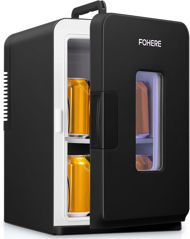FOHERE 2 in 1 Mini Kühlschrank, 15L Kühlschrank für Zimmer mit Kühl- und Heizfunktion, DC/AC für Autos, Büros und Wohnheim, ECO-Low-Noise-Modus, für Kosmetik und Getränke, Schwarz