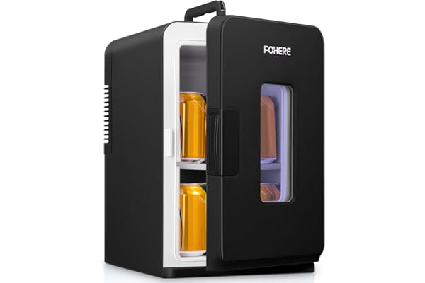 FOHERE Mini Frigo de Chambre 15L/21 Canettes, Petit Frigo Portable 240V/12V, Mode Silencieux, Fonction Chaud/Froid, Cosmetique Noir