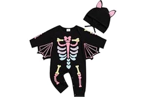 Geagodelia Bambina Halloween Pagliaccetto Stampa Scheletro Maniche Lunghe Tute e Cappello Set Bambino Neonato 2 Pezzi Abiti Outfit Halloween