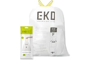 EKO 40-60 Litre Drawstring Bin Bags, Heavy Duty Kitchen Bin Liners for Pedal Bins, Leakproof and Tear-Resistant for Waste & Recycling, Unscented Food Waste Bags, 12 Count, Code F, White