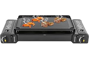 WANWANPER Réchaud à gaz portable à 2 brûleurs - Pour camping, voyage, randonnée, pique-nique, barbecue, fêtes - Noir - 64 x 27,8 x 8 cm