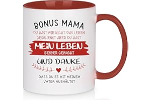 Joymaking Tasse mit Spruch - Bonus Mama - Kaffeetasse lustig Muttertagsgeschenk/Geschenkidee Geburtstag für Mama/Stiefmutter Geschenk, Spülmaschinenfest Tasse, 11oz Rot