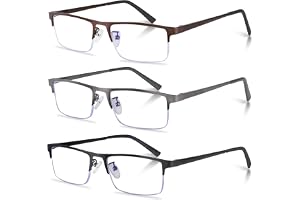 Anourney 3-Pack Reading Glasses for Men, Lightweight Metal Half Frame Blue Light Blocking Computer Readers