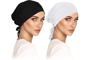 WLERTCOP Pack de 2 turbantes para mujer y mujer, gorro de hijab clásico, gorro islámico musulmán con lazo en la parte trasera, color sólido, gorro de hijab