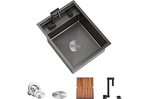 TORVA Black Workstation Undermount Sink for Bar RV Kitchen with Built-in Foldable Faucet – 16 Gauge Stainless Steel, 40.6 x 53.3 x 23 cm