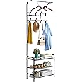 Coat Rack Shoe Bench with 16 Hooks, Metal Coat Hat Rack Free Standing Clothes Stand with 3-Tier Shoe Rack Bench, Hat Umbrella Stand Hallway Organiser, 3-in-1 Hall Tree with Metal Frame, Easy Assembly