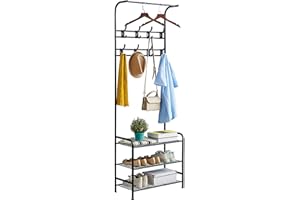 SORFITY Coat Rack Shoe Bench with 16 Hooks, Metal Coat Hat Rack Free Standing Clothes Stand with 3-Tier Shoe Rack Bench, Hat Umbrella Stand Hallway Organiser, 3-in-1 Hall Tree with Metal Frame, Easy Assembly
