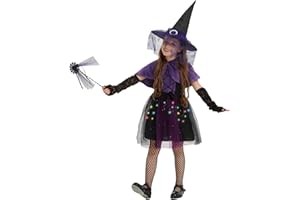 HERMORRYSS Costume da Strega Bambina, 6 Stück LED Vestito Strega, con Cappello, Scialle, Calze a Rete, Bacchetta Magica, Abito di Halloween Ragazze, Stregi Cosplay per Festa Halloween Carnevale