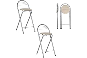 ‎ZZINOKE ZZINOKE Folding Bar Stool, Set of 2, No Assembly Required, Portable Outdoor Bar Stool, Suitable for Kitchen, Bistro, Shop, Outdoor Events, Seat Height 61 cm (Wood Grain and Silver)