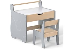 COSTWAY Kids Table and Chair Set, Wooden Children Table with Reversible Blackboard Tabletop, Paper Roll Holder, Toddler Activity Furniture for Learning, Drawing, Playing (Grey+Natural)
