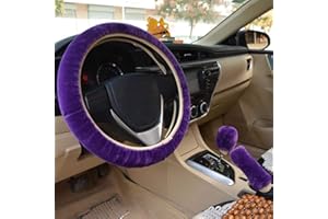 Augoog 3Pcs Winter Warm Plush Steering Wheel Cover Handbrake Cover Gear Shift Cover Car Accessory, Purple