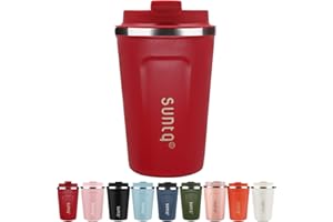 SUNTQ Kaffeebecher to go aus Edelstahl - Thermobecher Doppelwand Isoliert - Kaffeetasse mit Auslaufsicherem Deckel Wiederverwendbar (Rot, 380ml)