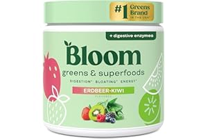BLOOM NUTRITION Bloom Superfood Pulver Frauen – Erdbeer-Kiwi – Mit Probiotika, Enzymen, Spirulina, Chlorella – Unterstützt Darmgesundheit, Detox & Energie – Anti-Blähbauch – 30 Portionen – Smoothie Boost
