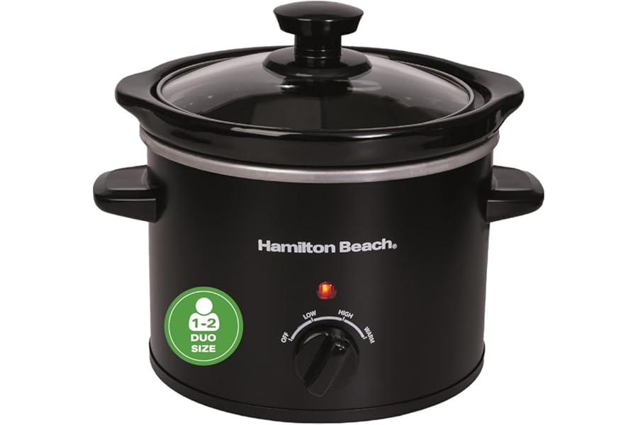 Hamilton Beach 1.8L Mighty Mini Slow Cooker, 90W Energy-Efficient Design, Removable Ceramic Bowl, 3 Heat Settings, Compact for 1-2 People, Easy Clean, Black - HBSC020B
