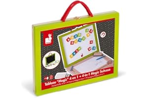 Janod - Children's Wooden 4-In-1 Board - Multi-Activity Magic Slate - Accessories and 42 Magnets Included - Learning to Read and Write - from 3 Years Old, J05014