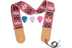 Rufun Gitarrengurt Retro Jacquard Weave Zubehör Einstellbare Länge für Basse E-Gitarre Akustische Gitarre, 3 Picks enthalten