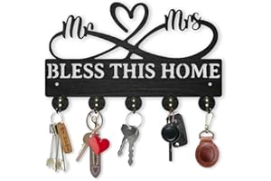 MAYJOYDIY Mr Mrs Key Holder for Wall 30×18.6cm Bless This Home Heart Wooden Key Hanger 5 Alloy Hooks Family Wall Mounted Key Hooks Rack Art Decor Gift for Entryway Front Door Hallway