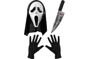 KAZGVN Scream Mask,Halloween Mask,Ghost Mask,White Mask With Black Hood, Black Gloves and Plastic Hand Prop, Scary Skull Mask With Halloween Costume Cosplay Party Decorations