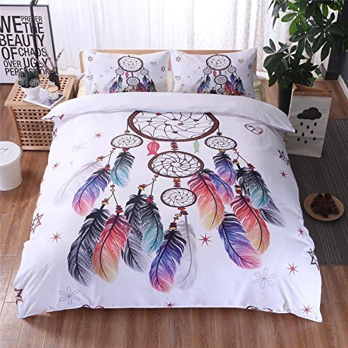 Meeting Story Tribal Duvet Cover Set Skull Horns Feathers Boho Chic Bedding Set (Queen, Flying Feather)