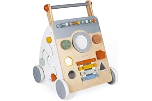 Janod - Carro Multiactividad Sweet Cocoon - Carro de Madera para aprender a caminar - 9 Actividades - Ruedas Silenciosas, Pintura al Agua - Juguete Infantil Adaptable desde los 12 meses, J04410