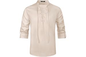 Enlision Camisas de Lino para Hombre Retro Medieval Renacimiento Cordón Henley Camisa Escocesa Ghillie Camisas de Manga Larga
