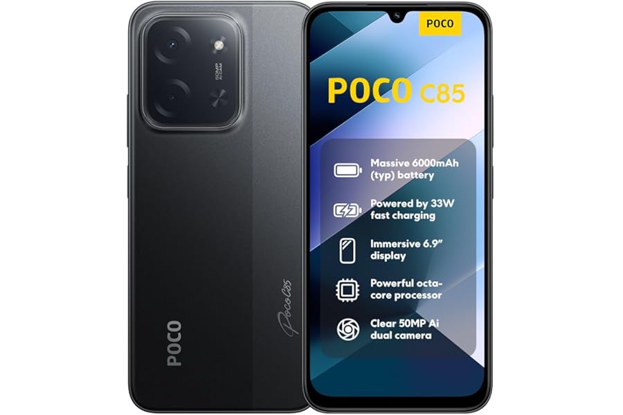 XIAOMI POCO C85, 8+256GB Smartphone, 6.9" 120Hz 8mm Design, MediaTek Helio G81-Ultra Octa-core, 50MP Dual AI Camera, 6000mAh, 2 Year Warranty, Black, Charger Not Included