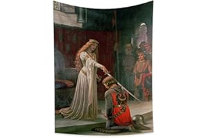 YONGFOTO Cavaliere Pittura Olio Arazzo, Medievale Inghilterra Vintage Leighton Arazzo Nobiltà Reale Regina Principessa Principe Cavaliere Spada Decorazione per Scuola Libreria Soggiorno,100x150cm