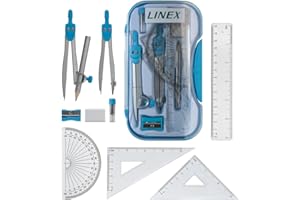 Linex Maths Geometry Set with Transparent Case – Blue 10-Piece Exam Kit Featuring Compass, Protractor, Ruler, Set Squares & Eraser