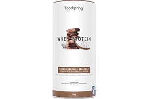 foodspring Whey Proteína Polvo Chocolate y Coco - 22g de proteína para construcción muscular, perfectamente soluble, leche de libre pastoreo, rica en BCAAs y EAAs - 750g