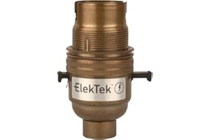 ElekTek Safety Switch Lamp Bulb Holder B22 BC Bayonet Cap & Shade Ring 1/2” 26TPI Threaded Bottom Entry Antique Brass Made in UK - Child Safe Switch Push Bar locks OFF & cuts power if no bulb fitted