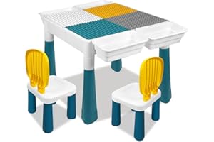 VA-Cerulean Tavolo per bambini, set di 163 mattoncini da costruzione, 2 sedie, tavolo multifunzione con piano su entrambi i lati, tavolo da gioco per bambini e bambine