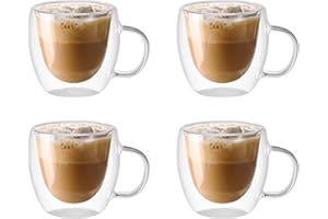 KKPW Lot de 4 tasses à café en verre à double paroi, 150 ml isothermes avec poignée, tasses transparentes pour latte, boissons, cappuccinos, expresso