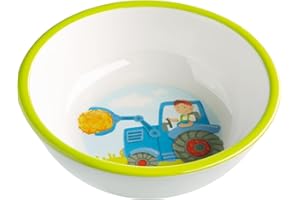 HABA 302819 - miska traktor, antypoślizgowa miska dziecięca z melaminy z motywem traktora, nadaje się do mycia w zmywarce, biała