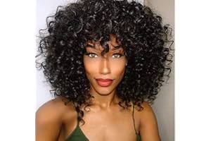 ‎MILDISO Perücke Afro Kinky Schwarze Damen kurze wellige Perücken Locken Für Frauen synthetische Wig mit Pony Natürlich lockige Perücke 036A