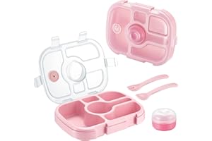 WIDODIO Brotbox Kinder Mädchen, BPA-Frei, Lunchbox Jausenbox Kinder mit 5 Unterteilung und 1 Separaten Saucenbox & Kindergeschirr, Brotdose Kinder mit Fächern ideal für Kindergarten & Schule(Rosa)