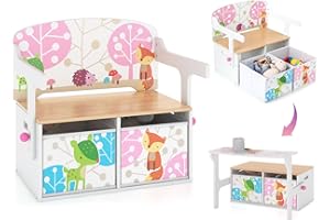 GYMAX 3 in 1 Kids Storage Bench, Wooden Toddler Table and Chair Set with 2 Removable Fabric Bins, Convertible Toy Storage Box for Living Room Playroom Bedroom (White)