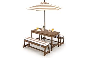 COSTWAY Table de Pique-Nique pour Enfants avec Parasol Réglable, Salon de Jardin en Bois pour Enfants avec Coussins, Table d’Activités Extérieures Intérieures, 89 x 44 x 50 cm (Marron)