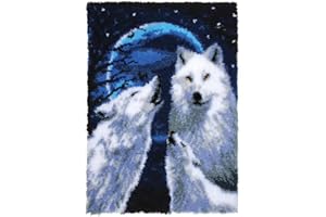 ROCKY&CHAO Knüpfhaken-Teppich-Set DIY-Knüpfhaken Teppichherstellungs-Set für Erwachsene Kinder Kreuzstich-Set Teppichherstellung Heimdekoration 60 x 40 cm （Nächtlicher Schneewolf）