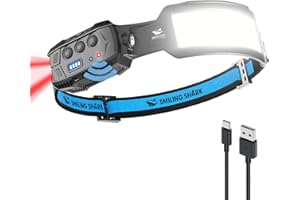 Smiling Shark Torcia Frontale, LED Ricaricabile Headlamp 7 * Luce Bianche Sensore Movimento Super Brillante Rojo Luz Trasera Per Campeggio Pescar Correr Reparar, Torcia-Frontale-Lampada-Ricaricabile
