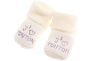 Fruit de ma passion Chaussons bébé brodés J'aime Tonton + coeur FDMP, 0/3mois couleur au choix (Beige/gris)