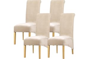 Leorate High Back Chair Covers Stretch Velvet Chair Protector Large Thick Slipcover for Dining Room Kitchen Banquet Restaurant Home (Pack of 4, Khaki)