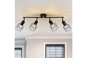 WILON Ceiling Lights Spotlight - 4 Way Spot Lights 350°Adjustable, E14 Base Black Light Shade Metal Wire Cage Light Fittings, Industrial Wall Ceiling Lamp for Kitchen Living Room