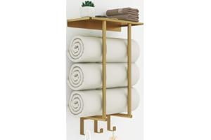 BETHOM Porte Serviette Salle de Bain, Porte Serviette Murale Doré Mat Support Serviette Salle de Bain avec Étagère et 3 Crochet Métal Rangement Serviette pour Les Serviettes 3 Enroulées (50 cm