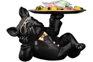 DSFHKUYB Französische Bulldogge Skulptur mit Edelstahl Tablett für Home Storage Harz Hündchen Figur Figur Desktop dekorative Sparschwein,Schwarz