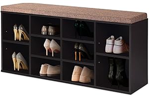 HOMASIS Schuhbank mit Sitz, Schuhregal aus Holz mit Polsterung, Sitzbank mit 10 Fächern, Schuschrank mit 2 höhenverstellbaren Ablagen für Eingangsbereich, Flur, Wohnzimmer, 104 x 30 x 48 cm (Braun)