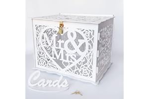 Jolik Neuestes Design Briefbox Hochzeit Geschenkkarten Box Vintage Groß DIY Holz Kartenbox Hochzeit Geldbox mit Schloss für Hochzeit Geburtstag Babyparty Jubiläum (Mr & Mrs, Weiß)
