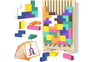 AZAZAZA Wood Stacking Puzzle Toy, 3D Montessori Wooden Stacking Puzzles Toy, Wooden Puzzle Board Geometric Builiding toys, Stress Relief Colorful Block Game with 10 Cards for Adults and Kids